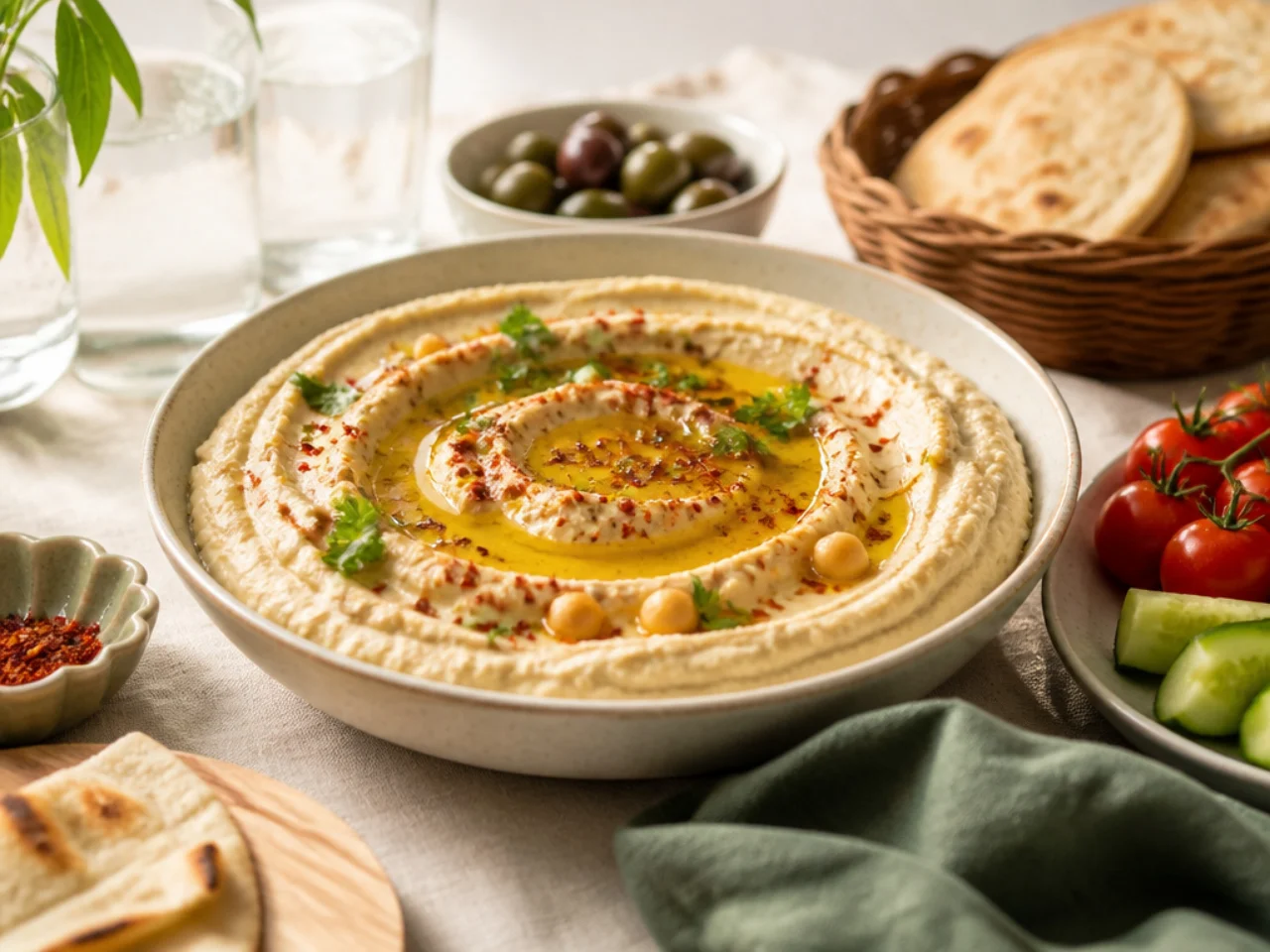 hummus served family-style on a cozy table