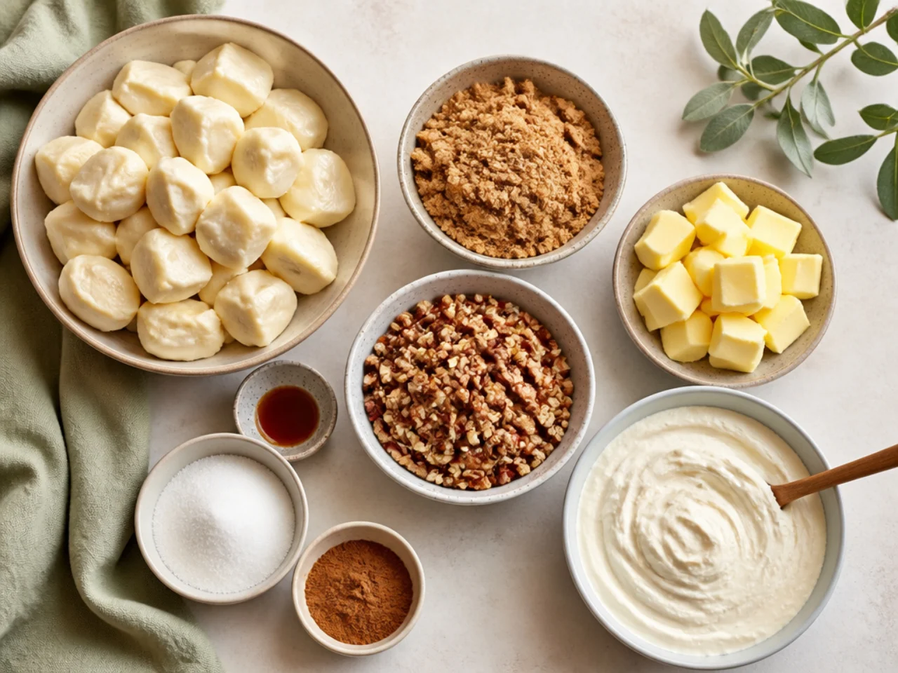 Fresh ingredients for monkey bread arranged in bowls