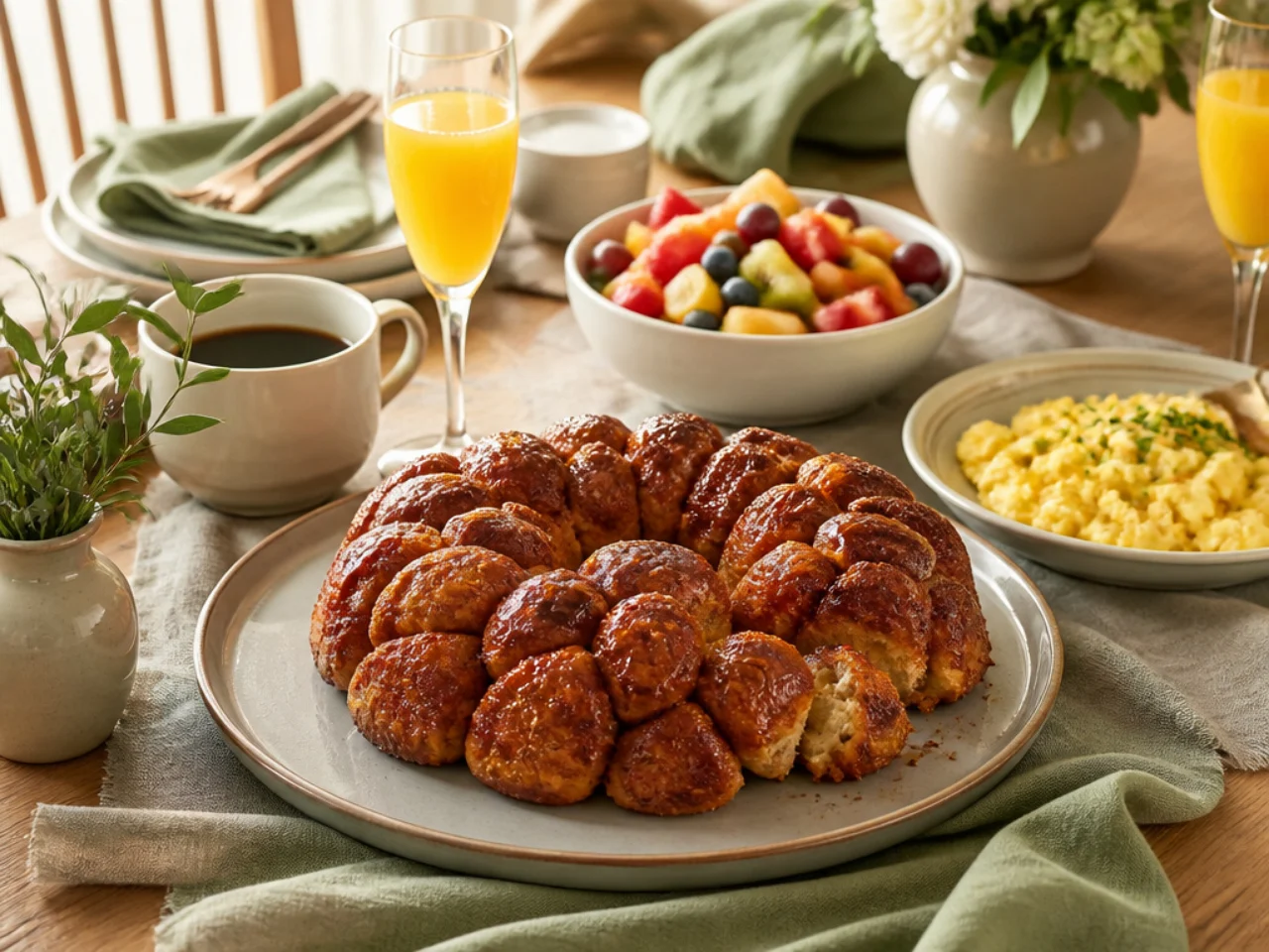 monkey bread served with fresh coffee, scrambled eggs, fruit salad and mimosas