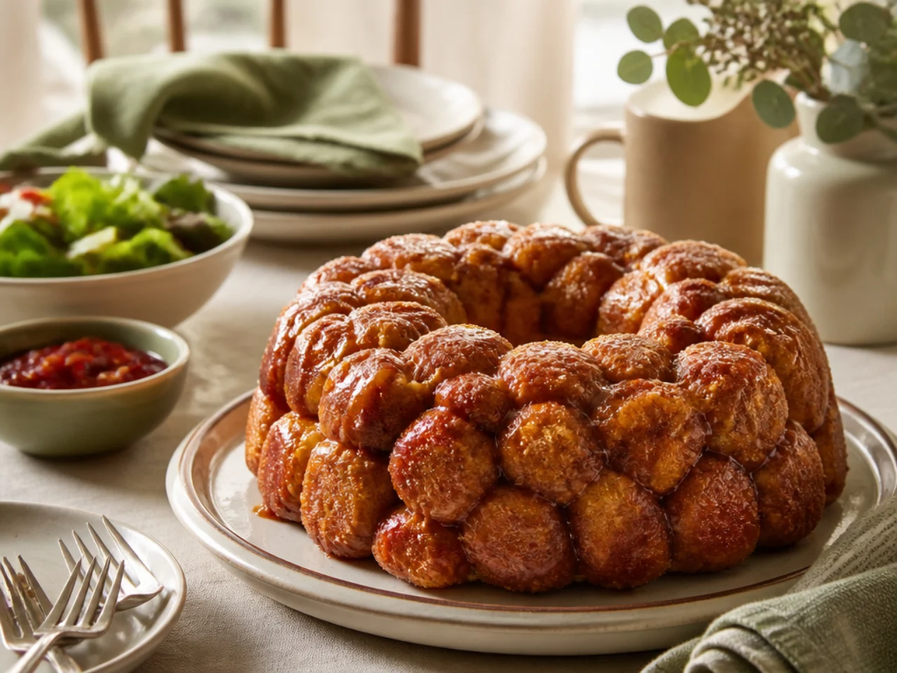 monkey bread served family-style on a cozy table
