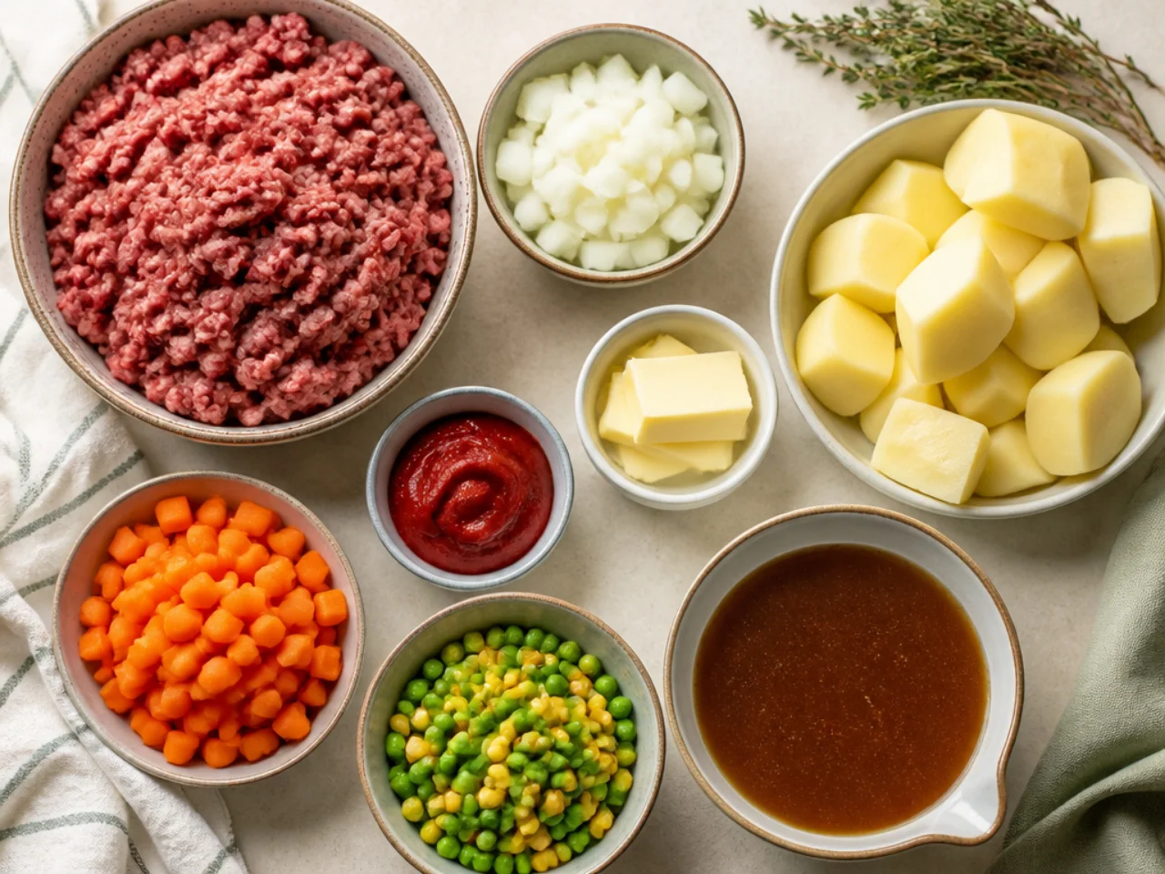 Fresh ingredients for shepherd's pie arranged in bowls