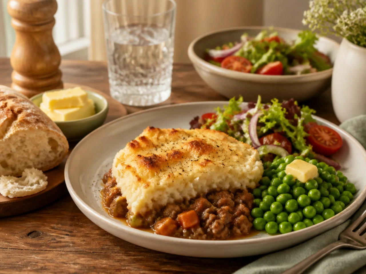 shepherd's pie served with crusty bread, buttered peas and a simple side salad