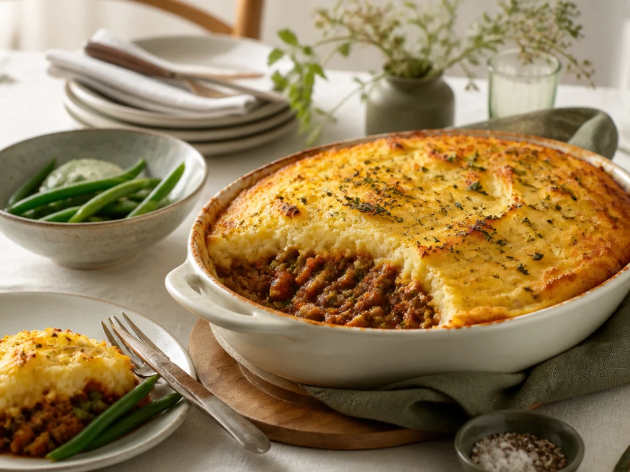 shepherd's pie served family-style on a cozy table