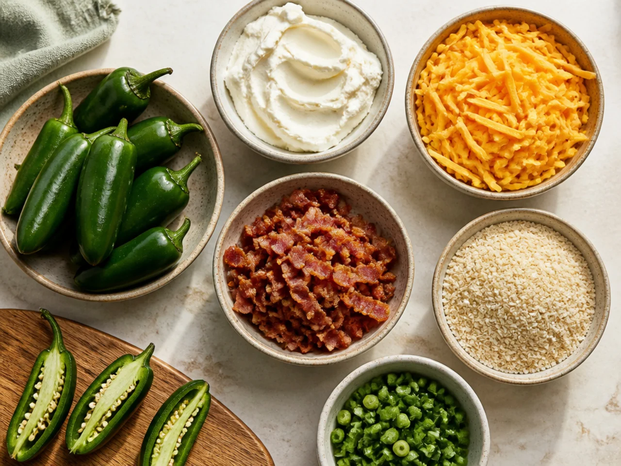 Fresh ingredients for jalapeno poppers arranged in bowls