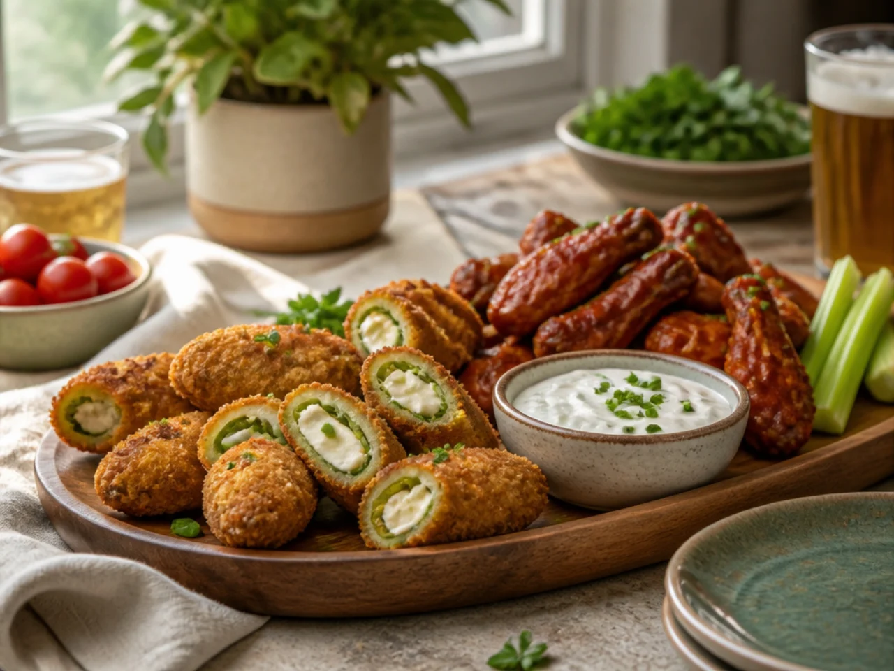 jalapeno poppers served with cool ranch or blue cheese dip, wings and cold drinks
