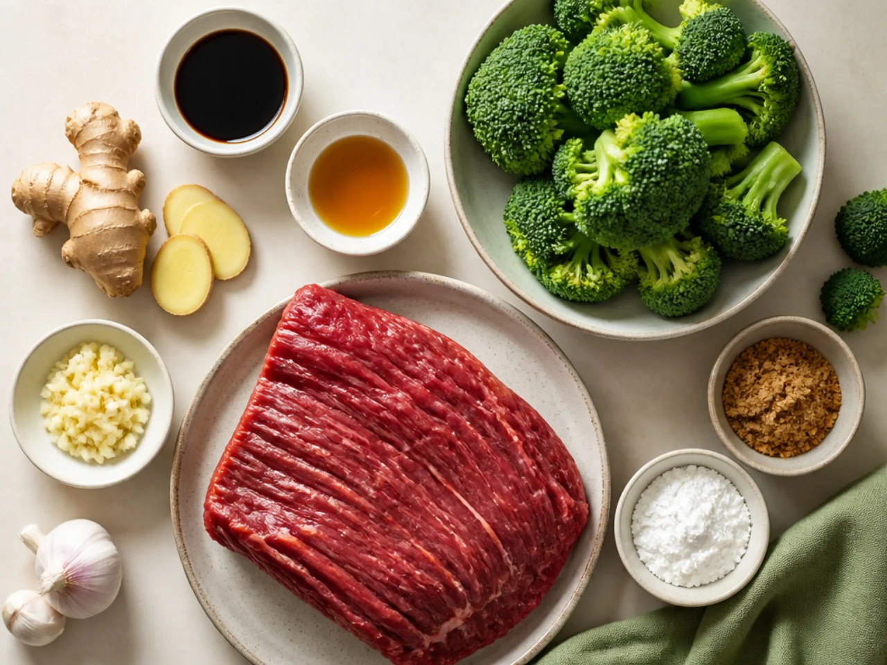 Fresh ingredients for beef and broccoli arranged in bowls