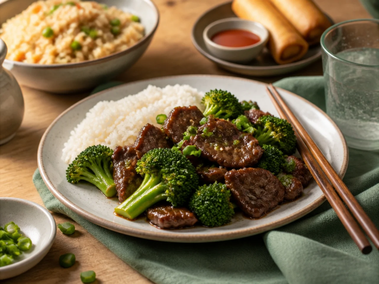 beef and broccoli served with steamed jasmine rice, fried rice, lo mein or egg rolls