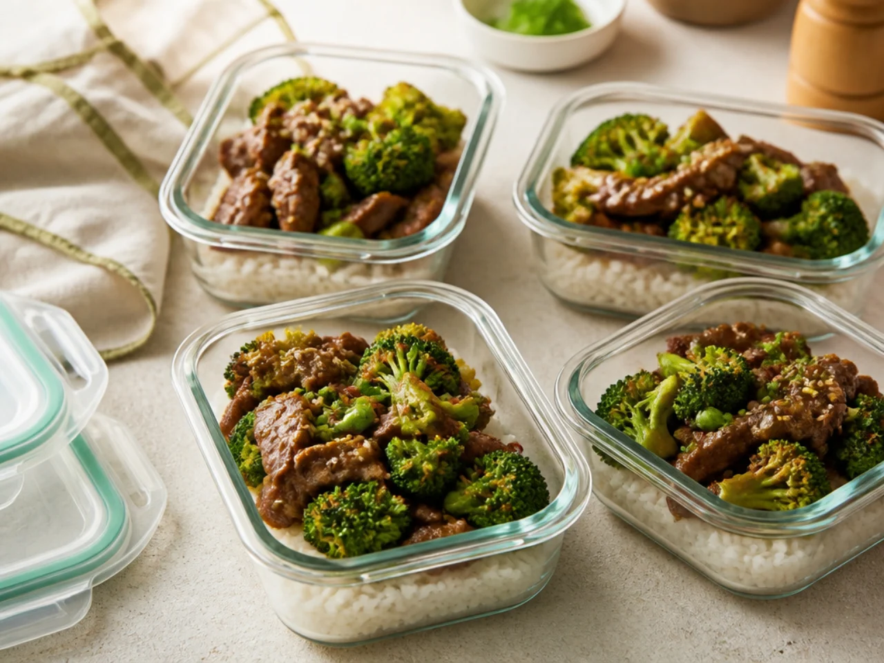 Make-ahead storage of beef and broccoli in containers