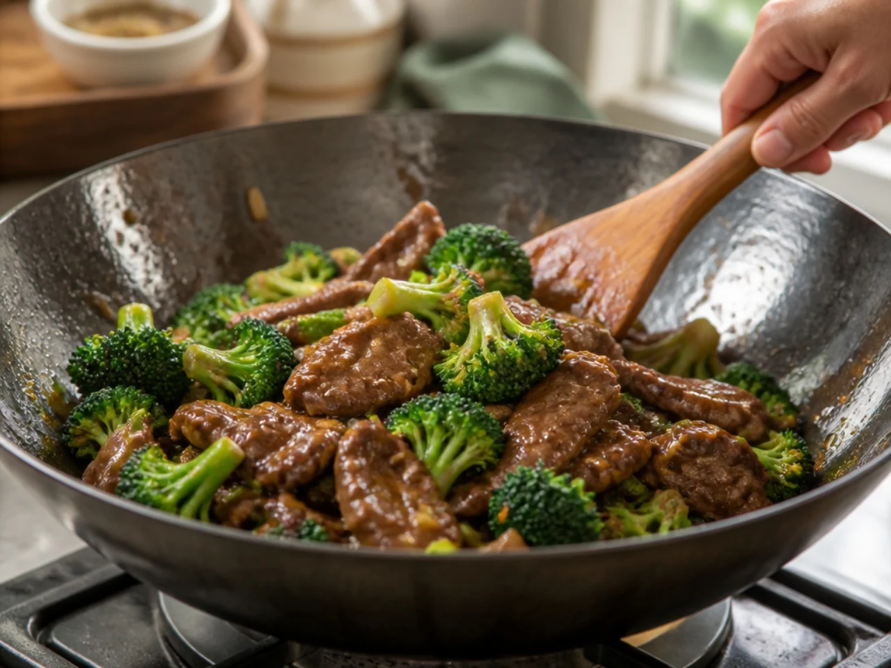 Step-by-step process shot for beef and broccoli