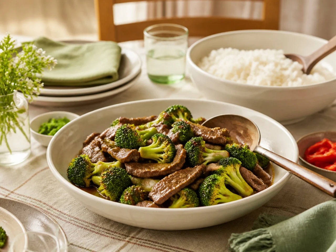 beef and broccoli served family-style on a cozy table