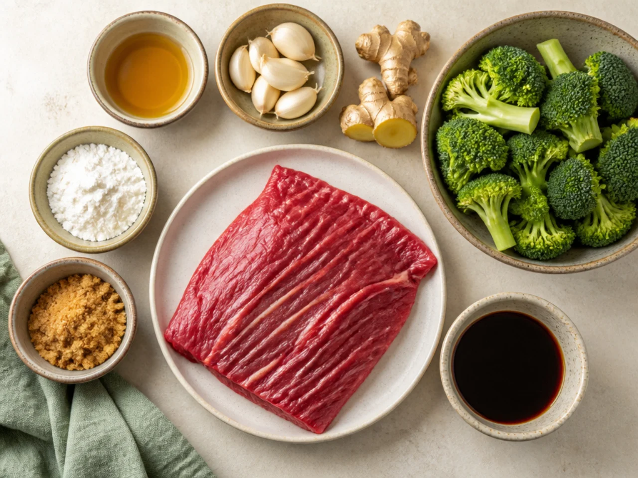 Fresh ingredients for beef and broccoli arranged in bowls