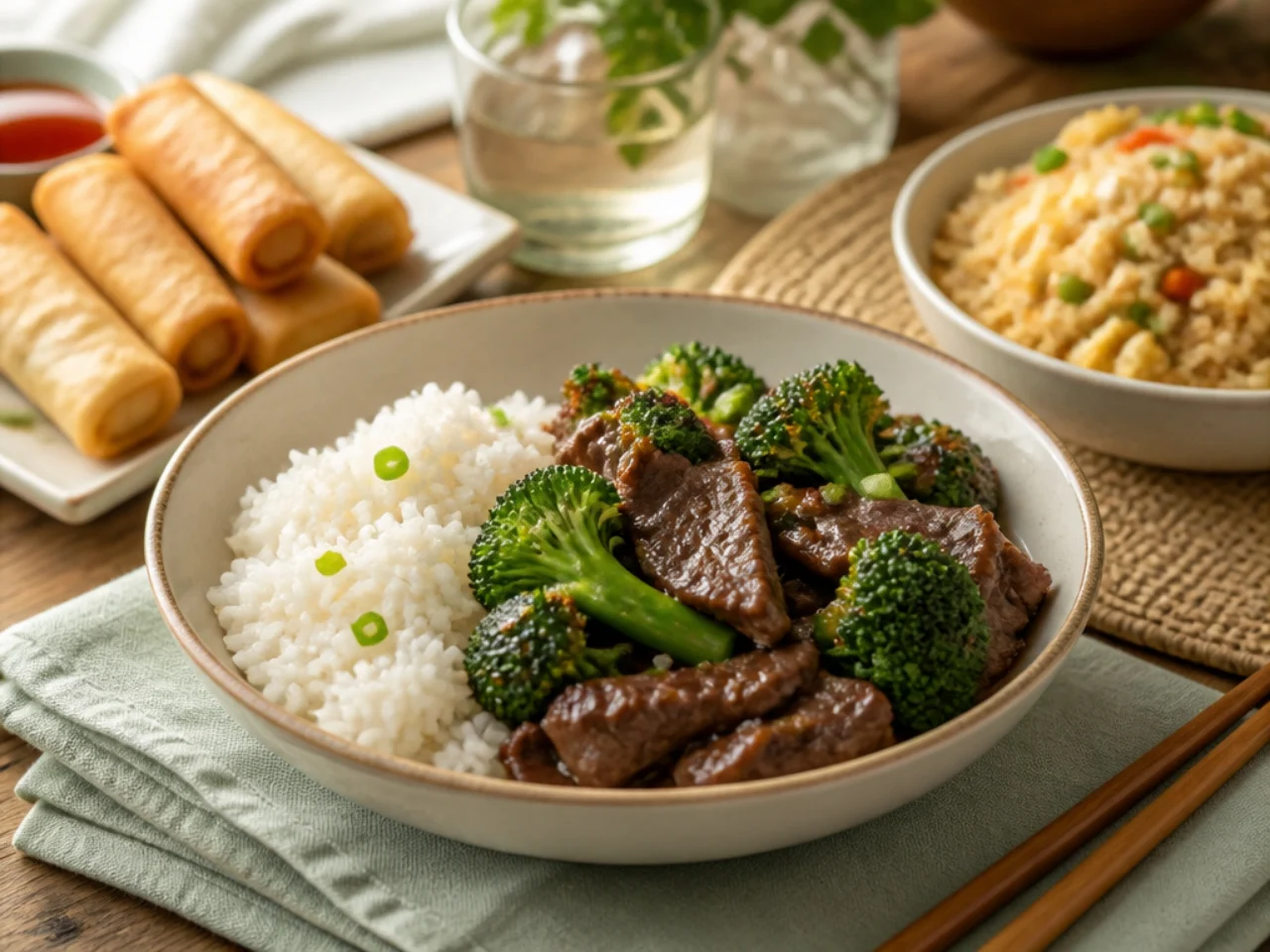beef and broccoli served with steamed jasmine rice, fried rice, lo mein or egg rolls