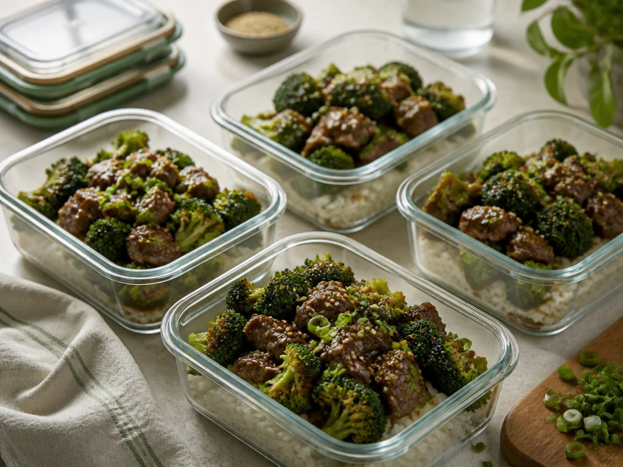 Make-ahead storage of beef and broccoli in containers