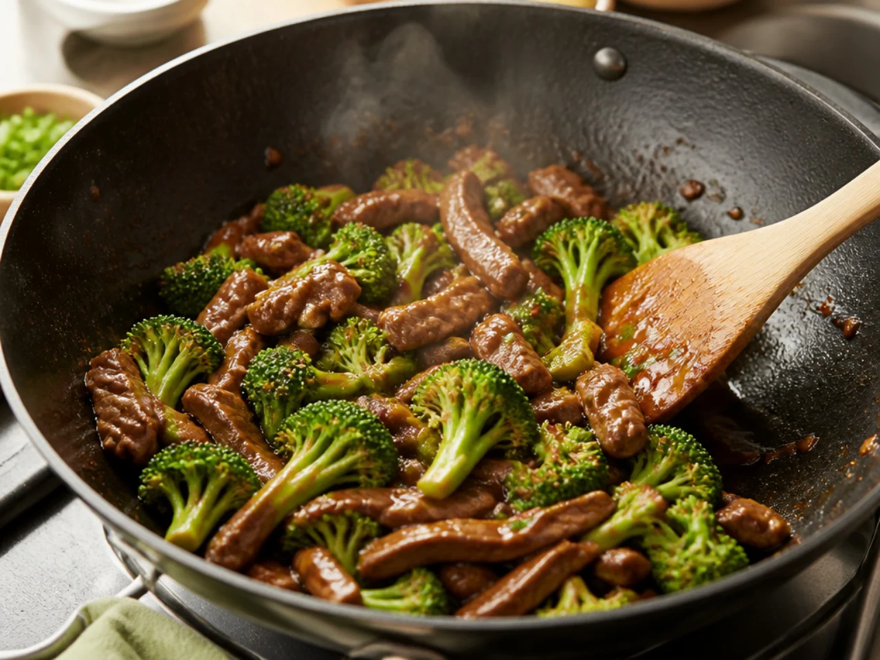 Step-by-step process shot for beef and broccoli
