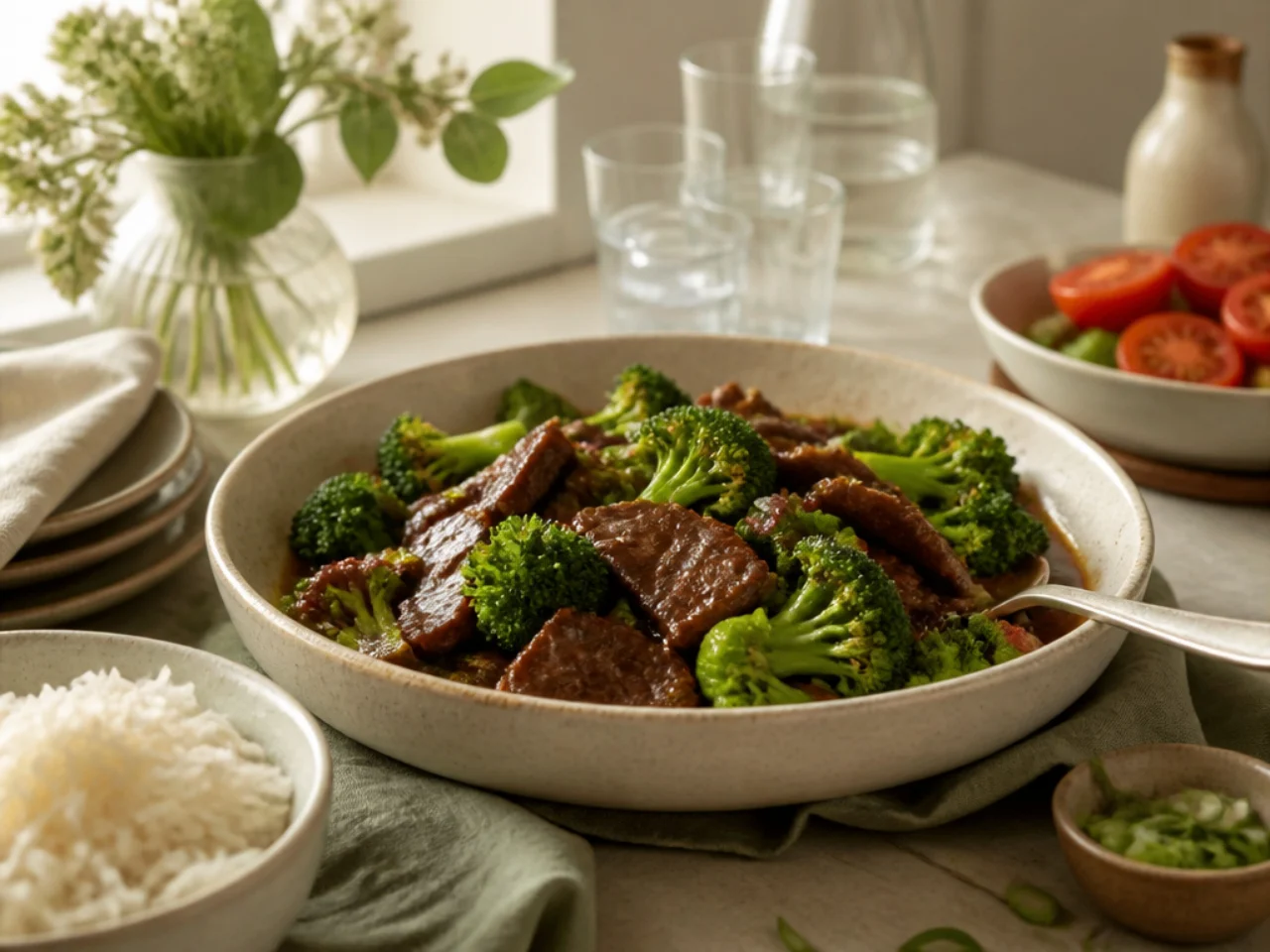 beef and broccoli served family-style on a cozy table