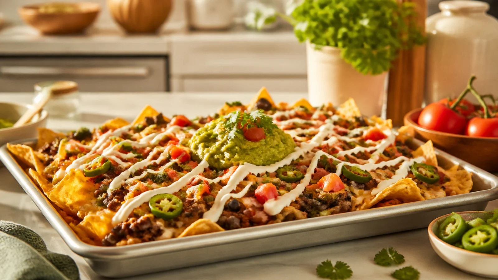 Ground Beef Nachos Recipes for a Crowd — nachos plated and ready to serve