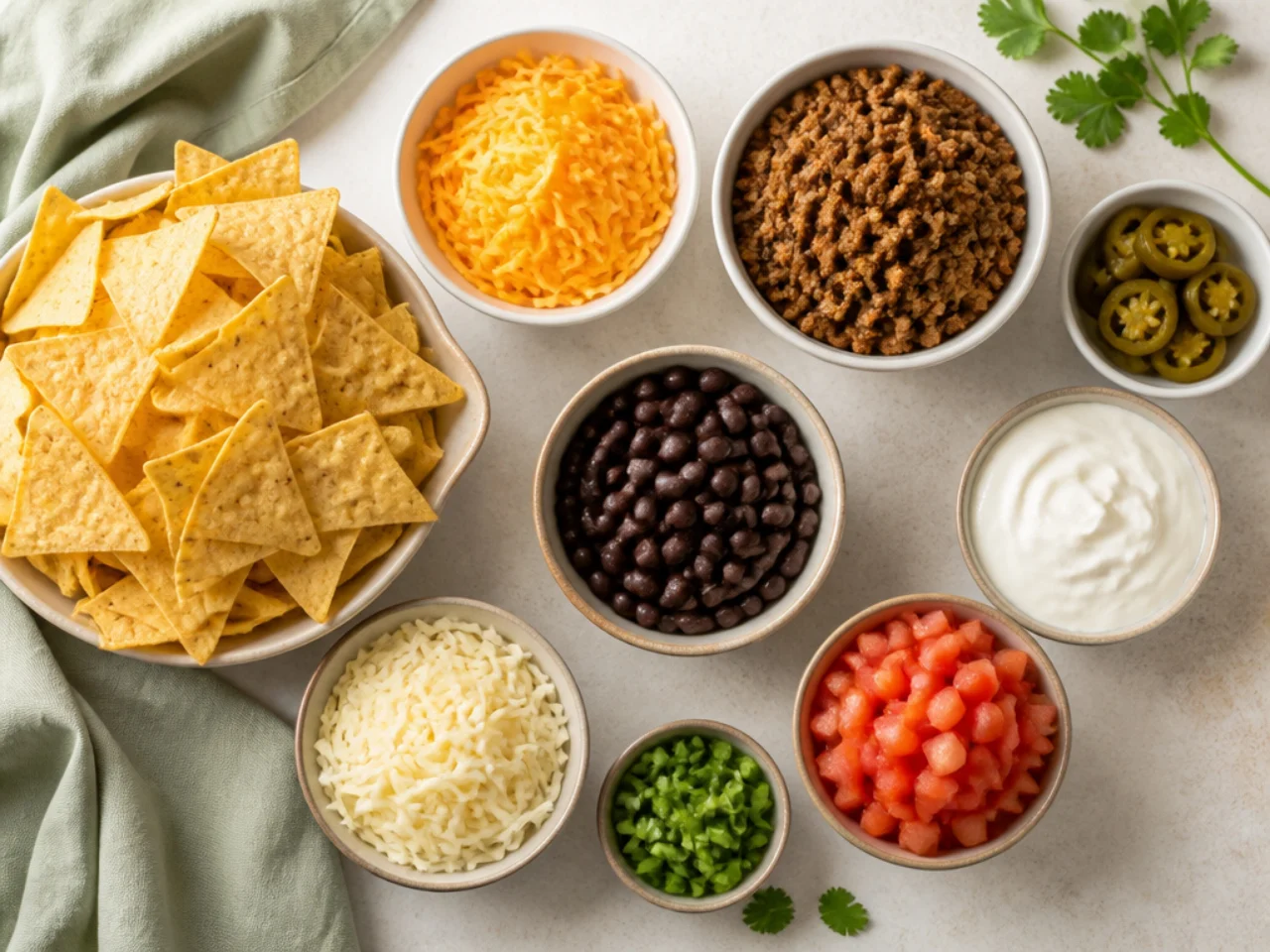 Fresh ingredients for nachos arranged in bowls