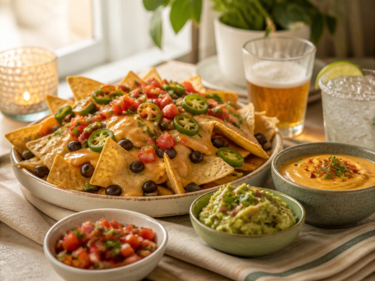 nachos served with fresh salsa, warm queso, guacamole and ice-cold drinks