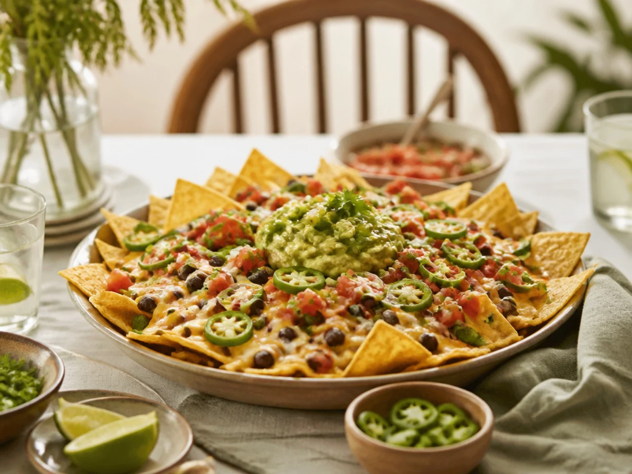 nachos served family-style on a cozy table