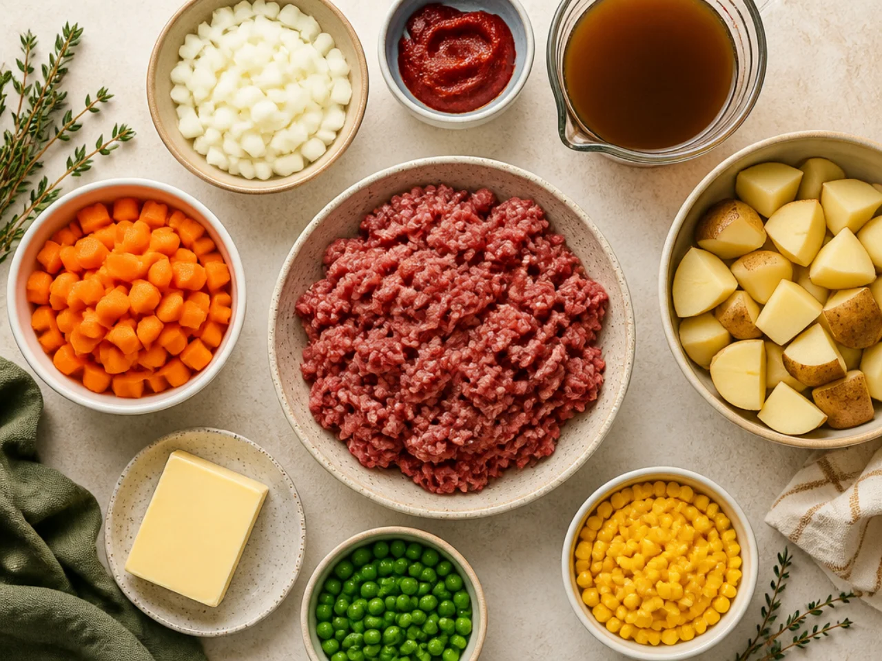 Fresh ingredients for shepherd's pie arranged in bowls