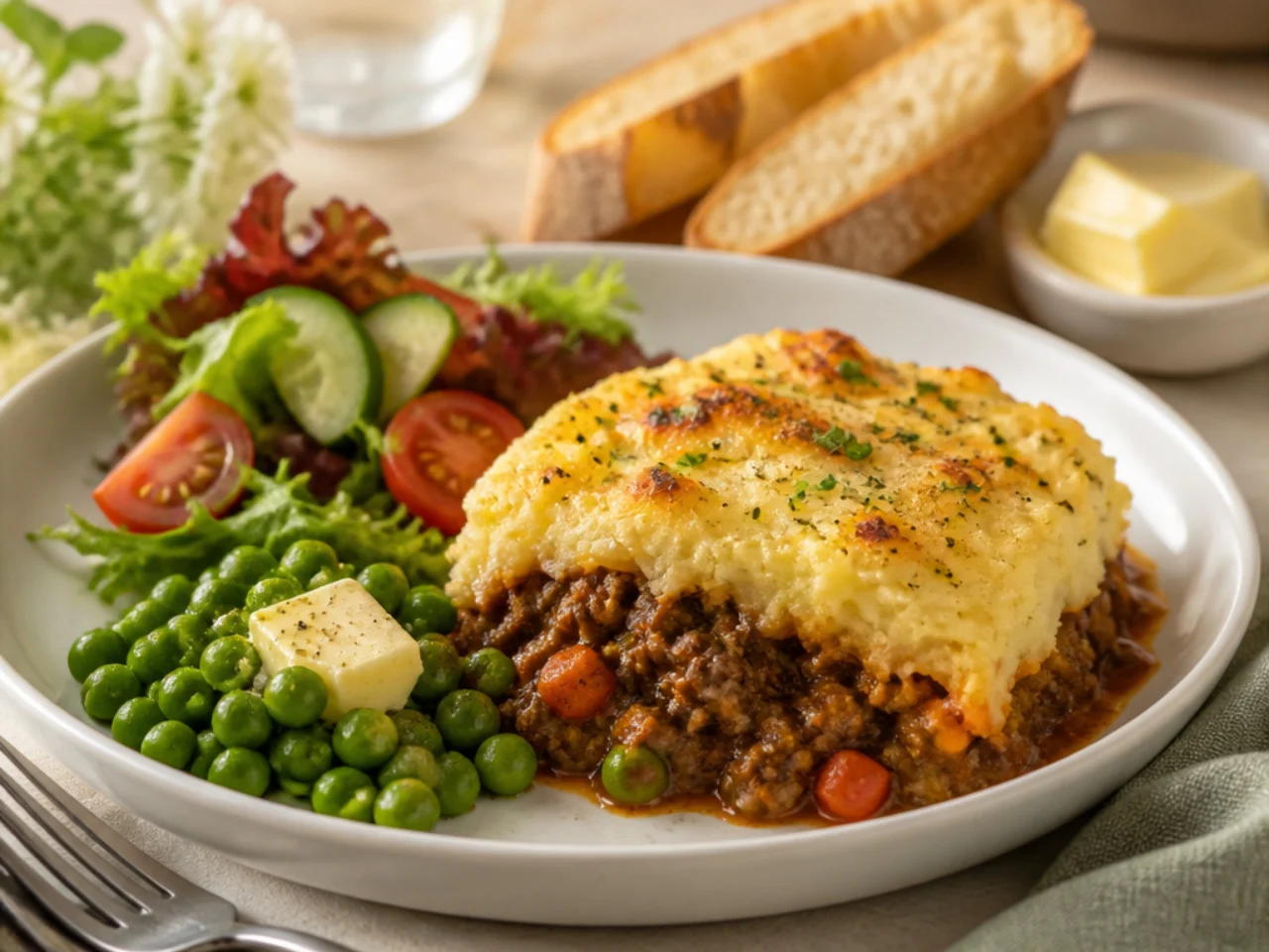 shepherd's pie served with crusty bread, buttered peas and a simple side salad