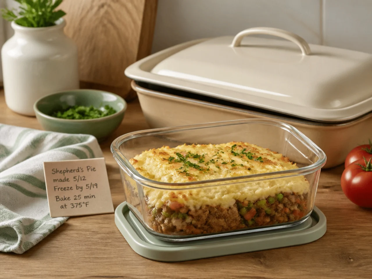 Make-ahead storage of shepherd's pie in containers