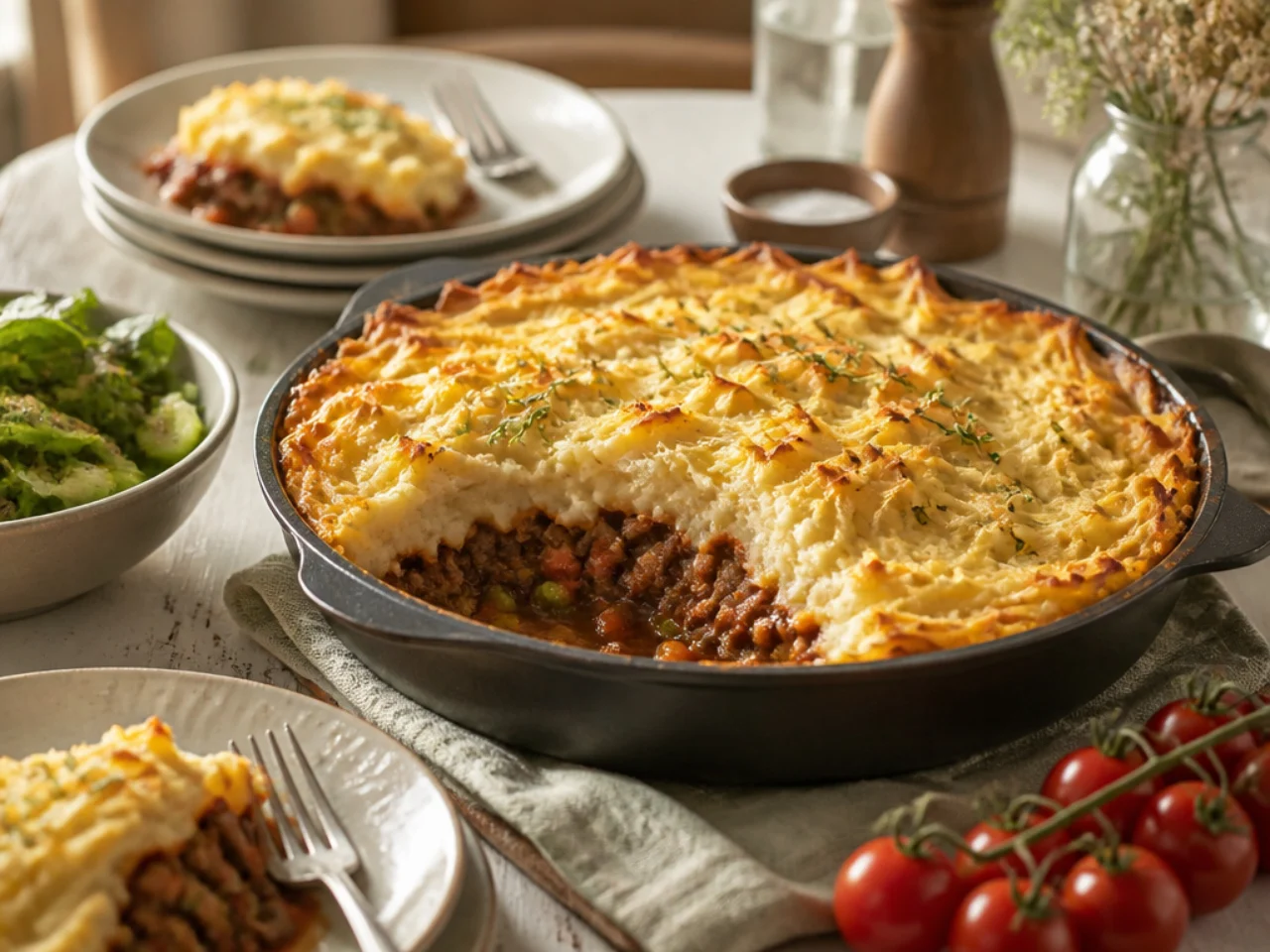 shepherd's pie served family-style on a cozy table