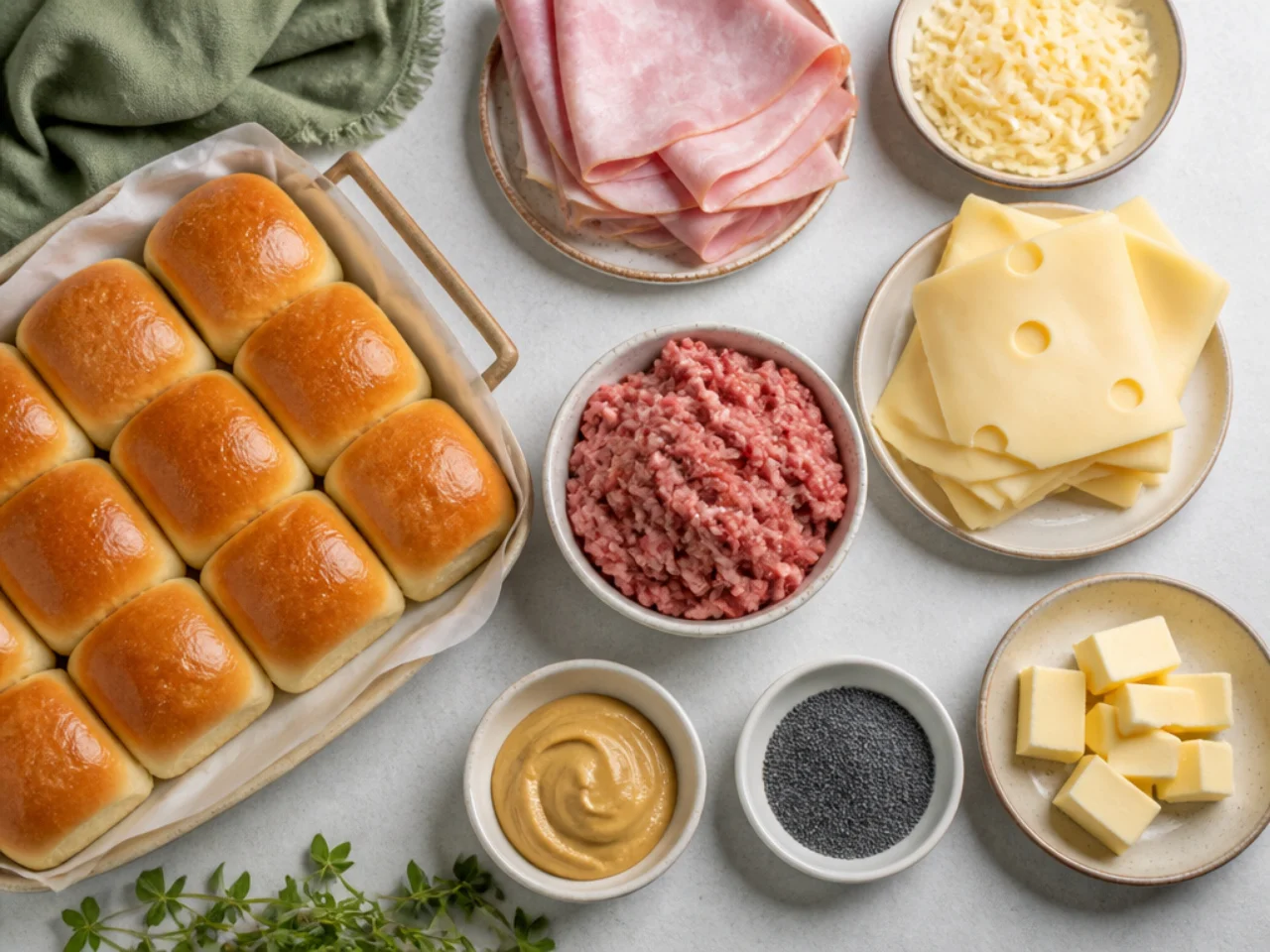 Fresh ingredients for Hawaiian roll sliders arranged in bowls