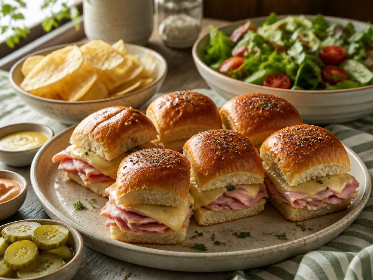 Hawaiian roll sliders served with potato chips, a crisp salad, pickles and dipping sauces