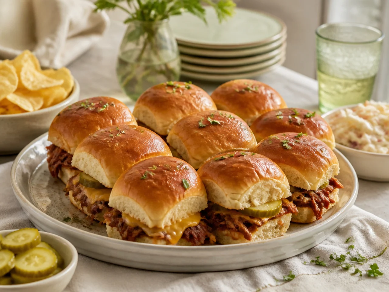 Hawaiian roll sliders served family-style on a cozy table