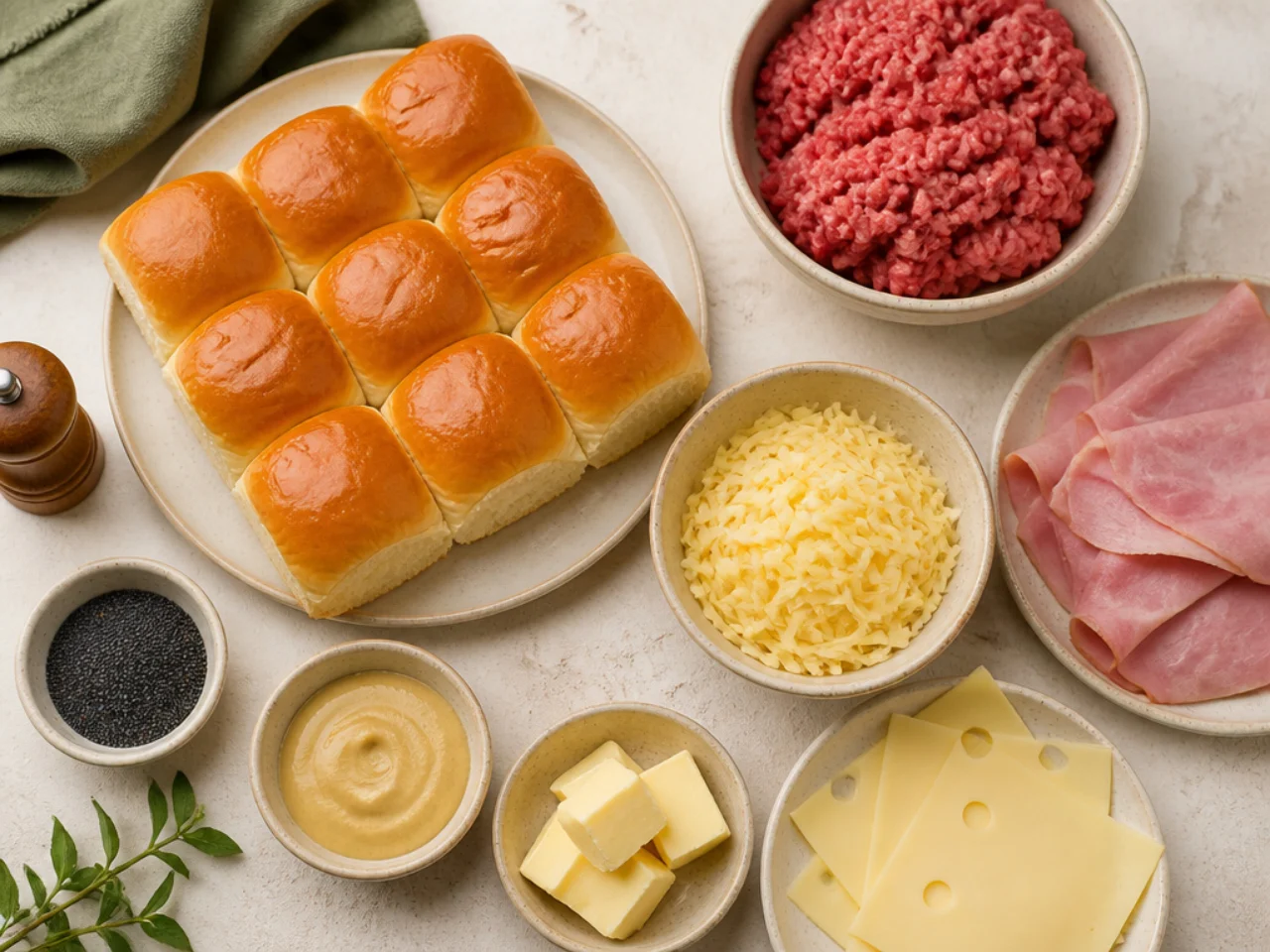 Fresh ingredients for Hawaiian roll sliders arranged in bowls