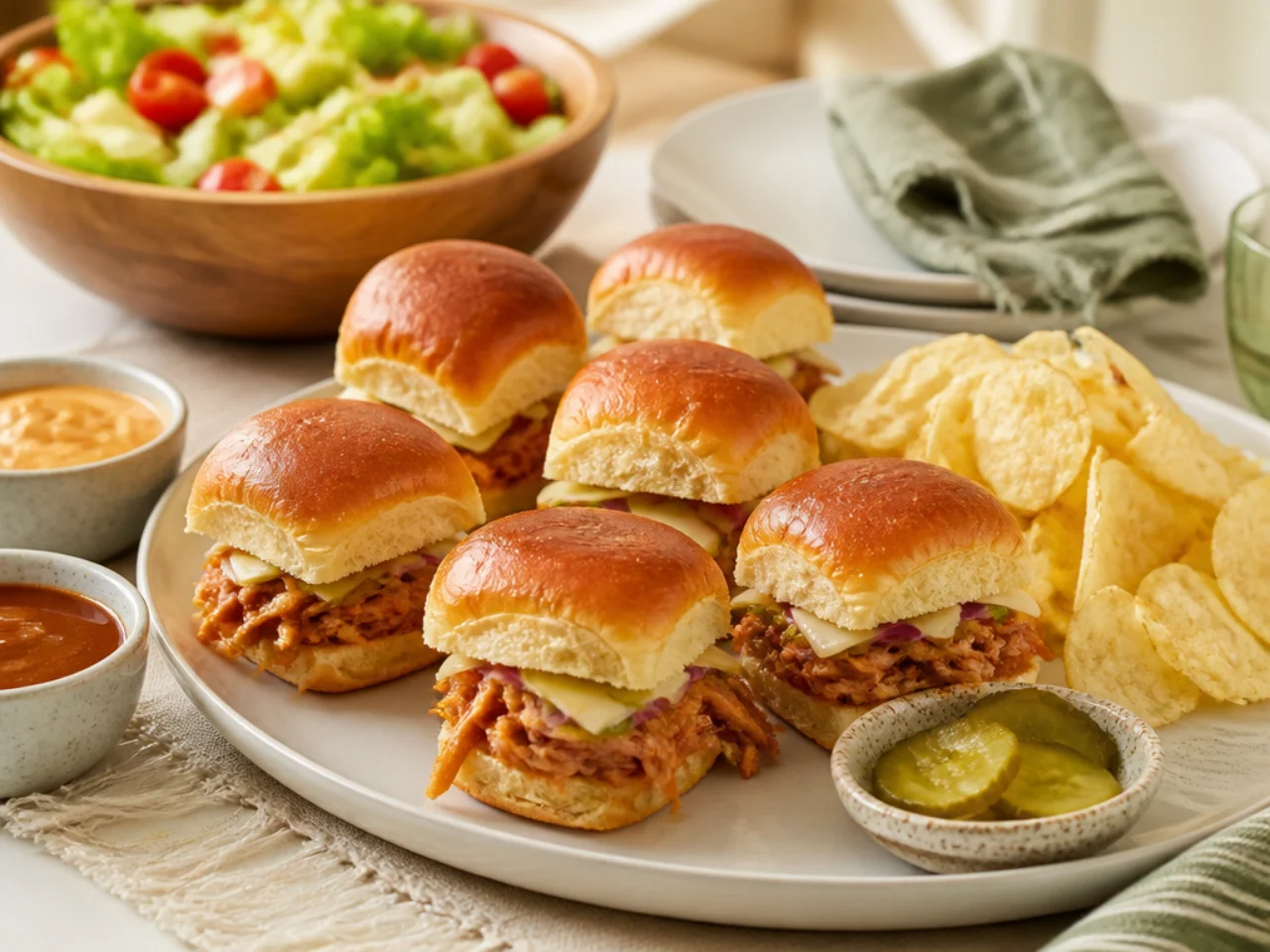 Hawaiian roll sliders served with potato chips, a crisp salad, pickles and dipping sauces