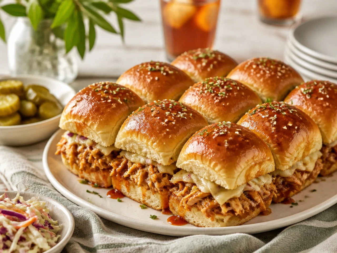 Hawaiian roll sliders served family-style on a cozy table