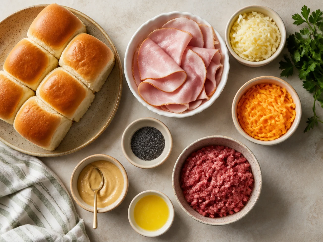 Fresh ingredients for Hawaiian roll sliders arranged in bowls