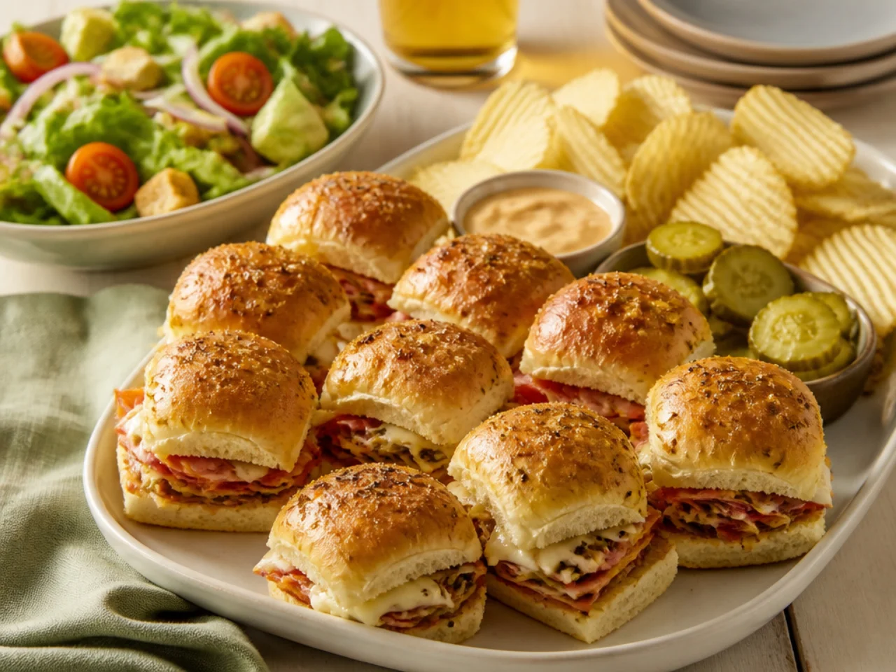 Hawaiian roll sliders served with potato chips, a crisp salad, pickles and dipping sauces