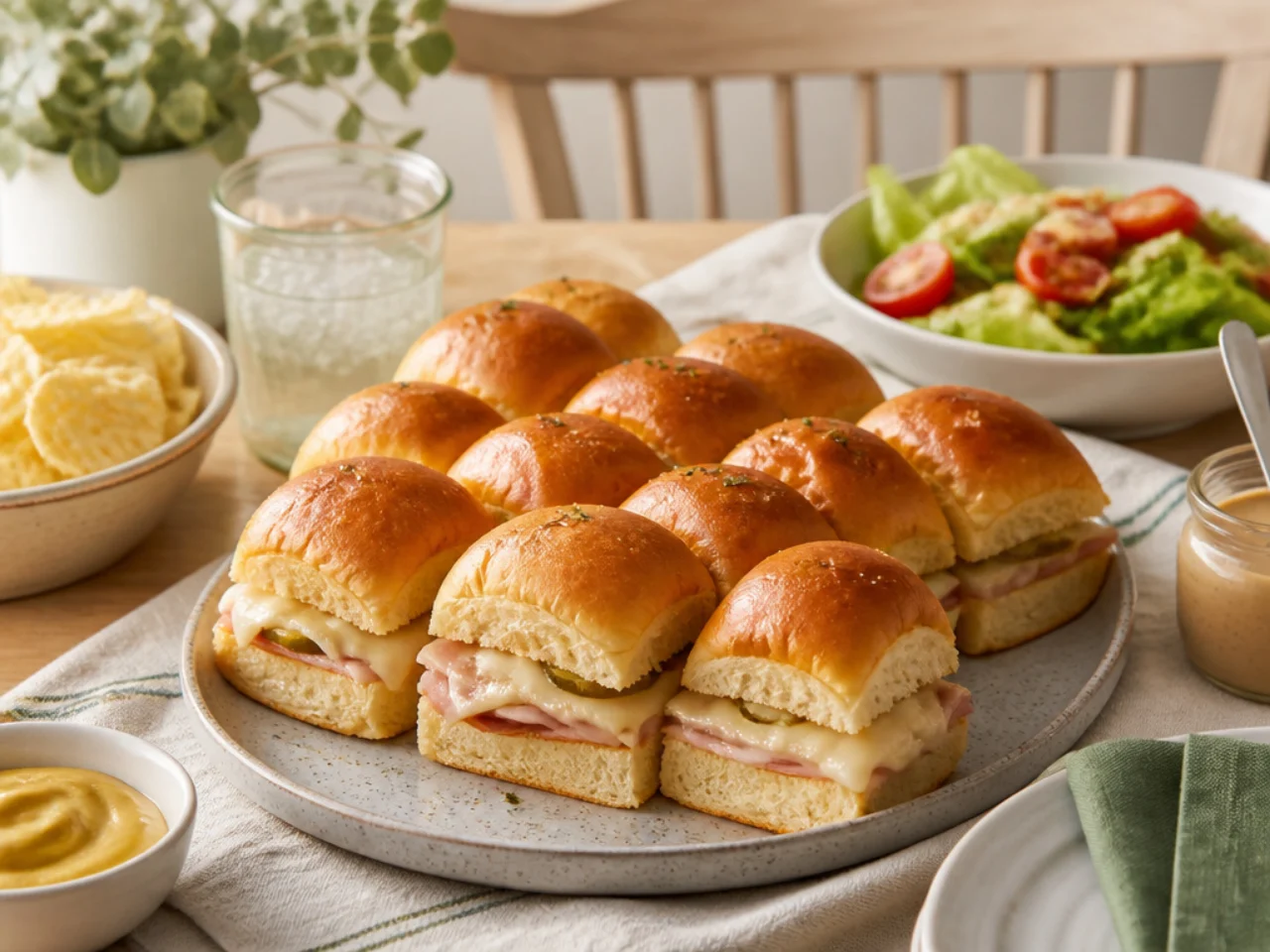 Hawaiian roll sliders served family-style on a cozy table