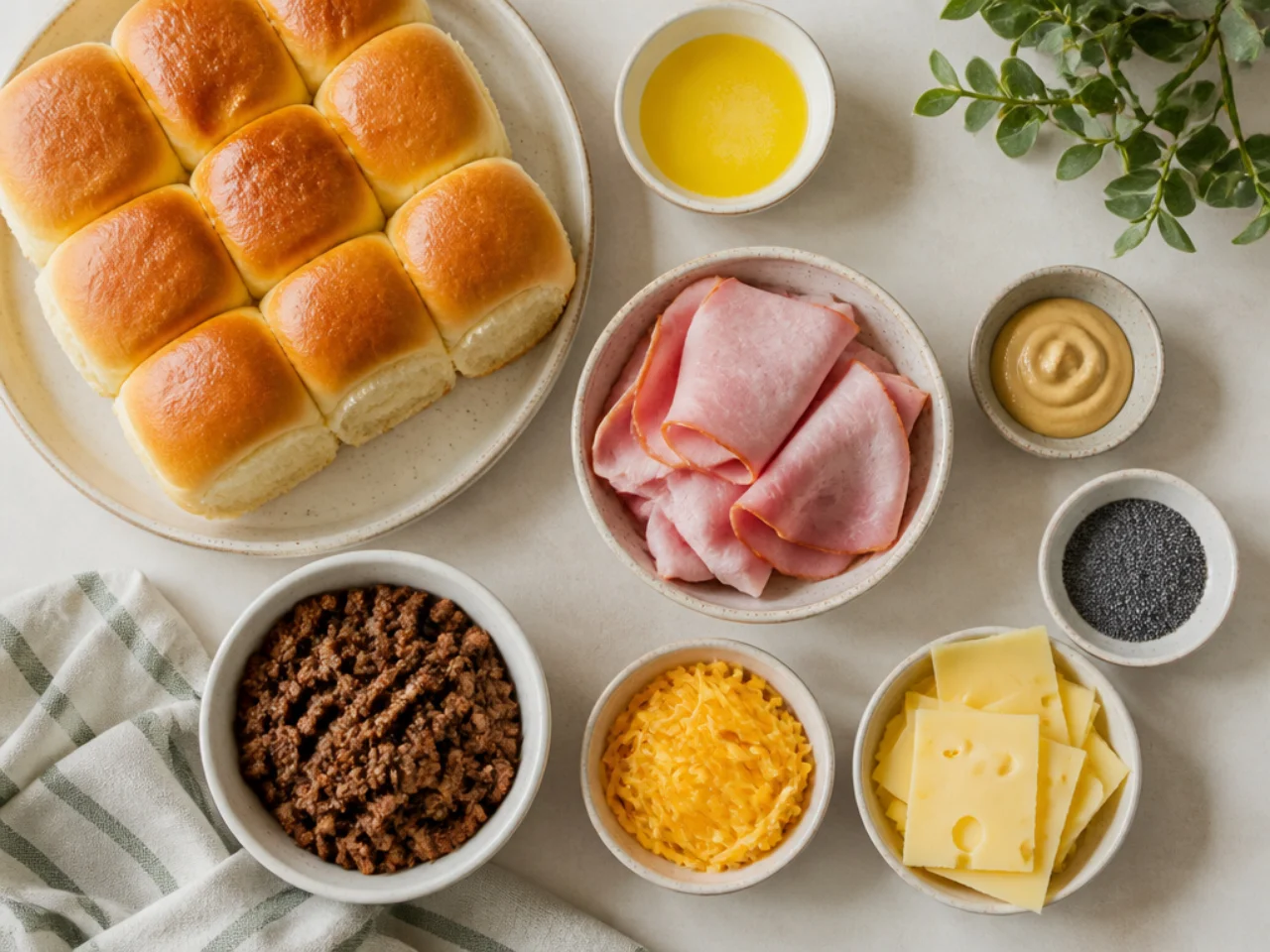 Fresh ingredients for Hawaiian roll sliders arranged in bowls