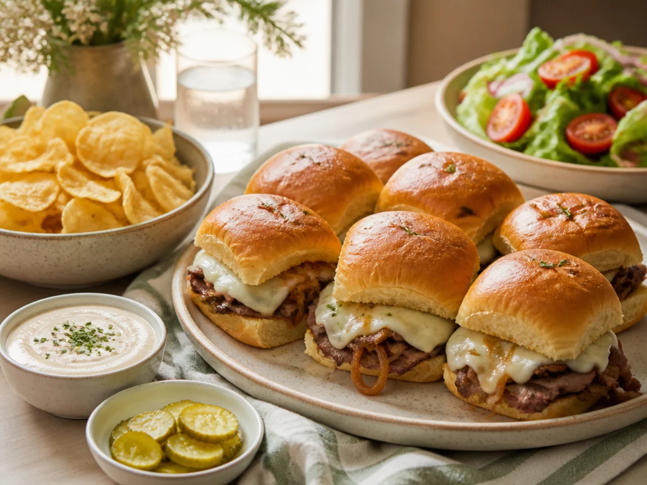 Hawaiian roll sliders served with potato chips, a crisp salad, pickles and dipping sauces