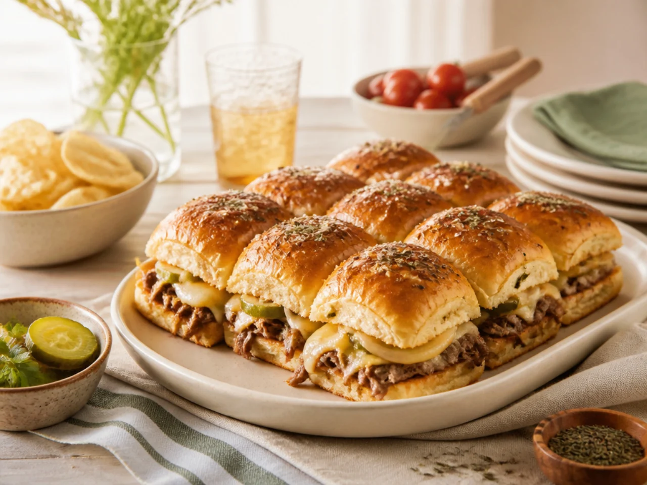 Hawaiian roll sliders served family-style on a cozy table