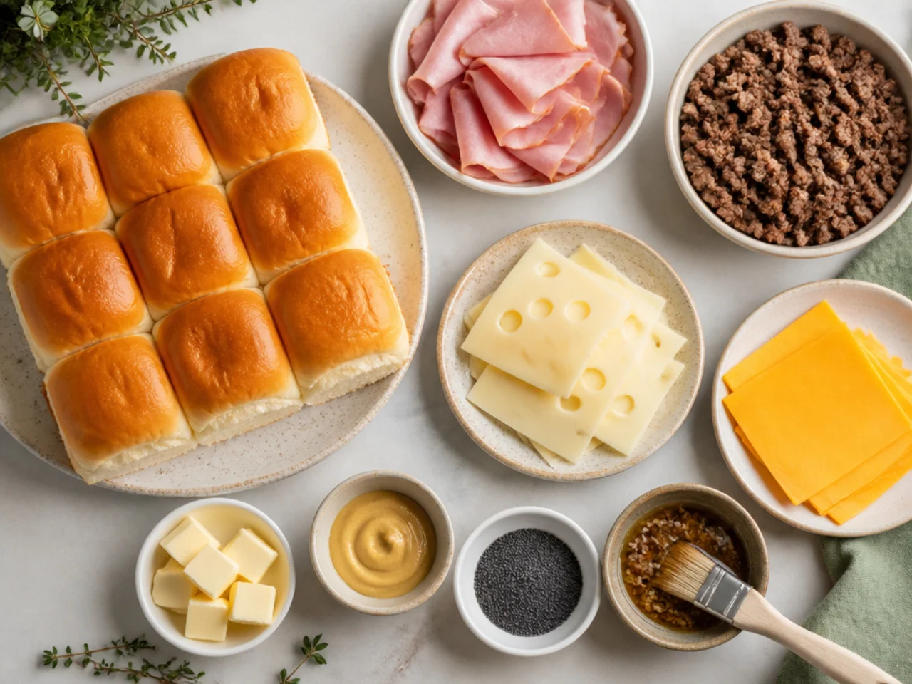 Fresh ingredients for Hawaiian roll sliders arranged in bowls