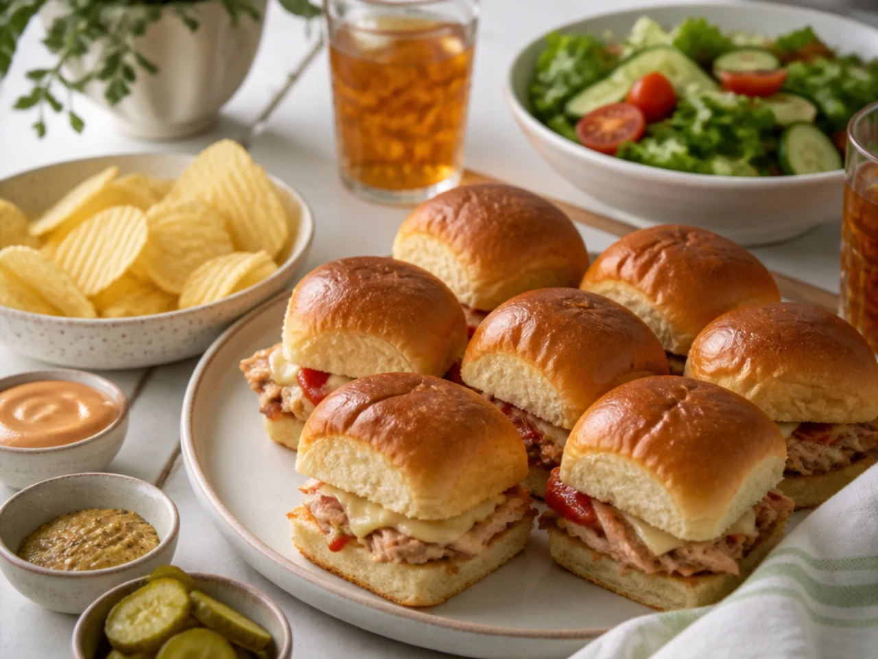 Hawaiian roll sliders served with potato chips, a crisp salad, pickles and dipping sauces
