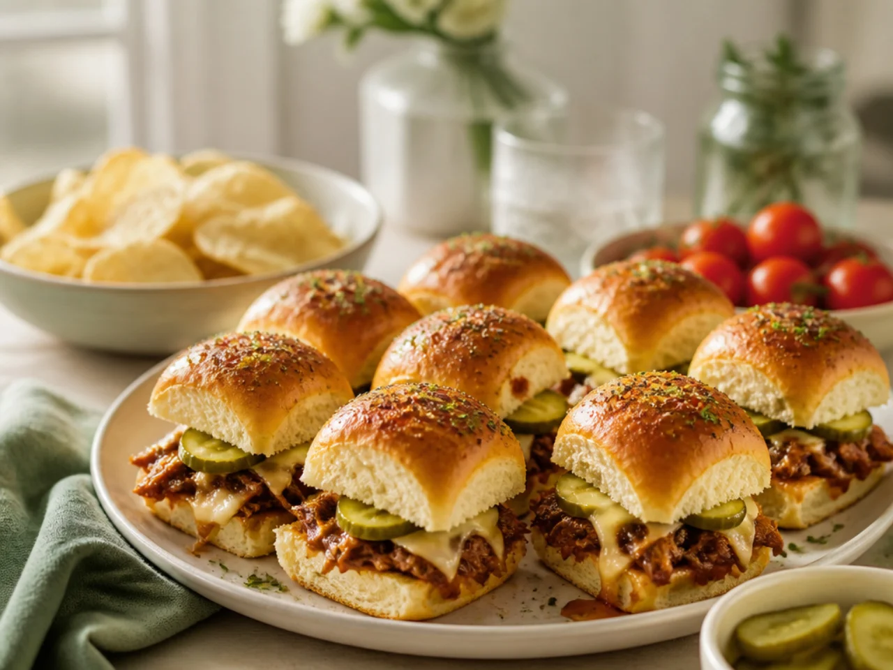 Hawaiian roll sliders served family-style on a cozy table