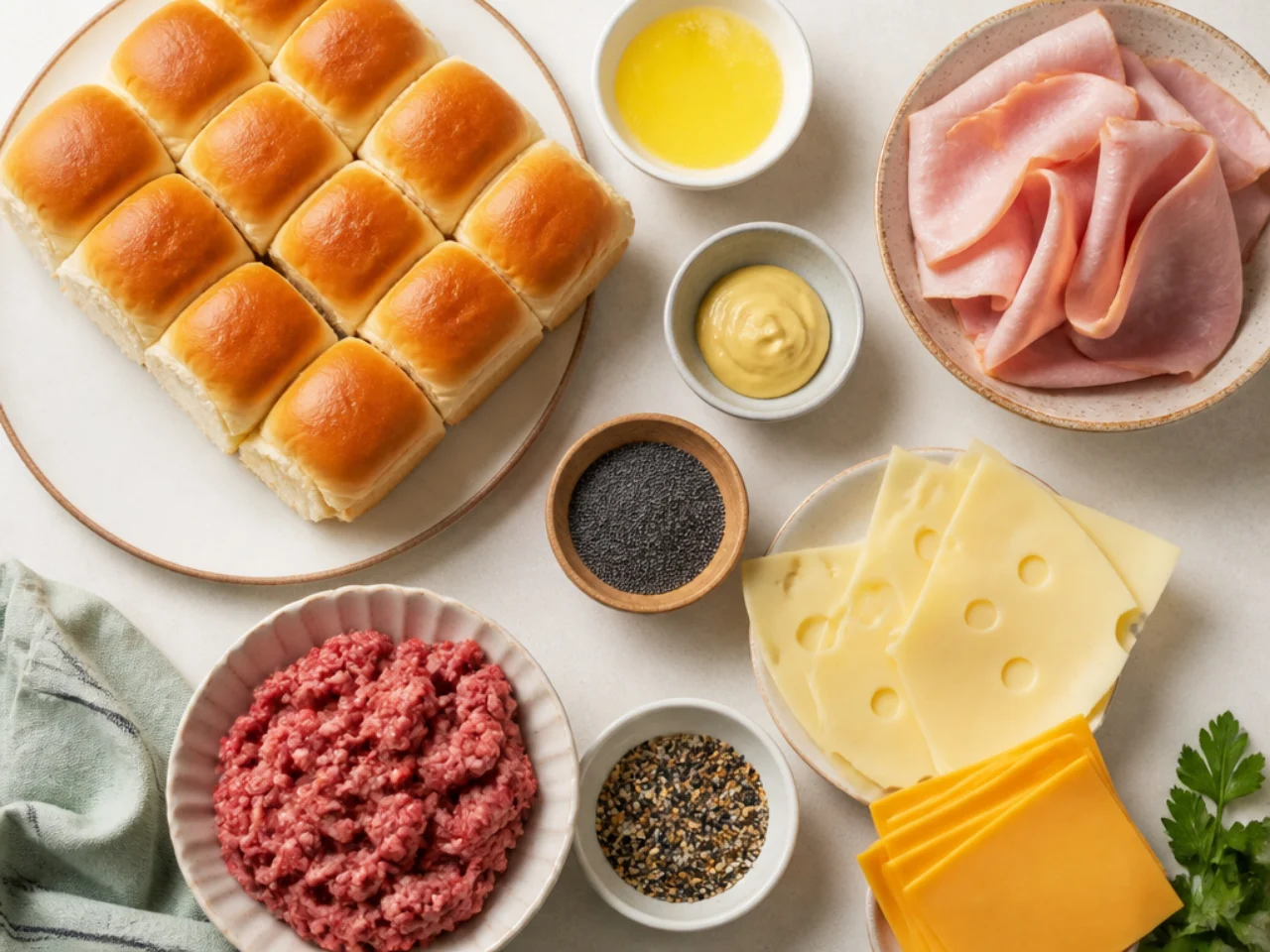 Fresh ingredients for Hawaiian roll sliders arranged in bowls
