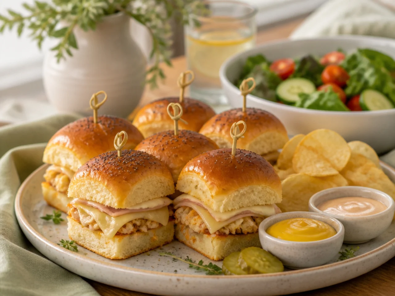 Hawaiian roll sliders served with potato chips, a crisp salad, pickles and dipping sauces