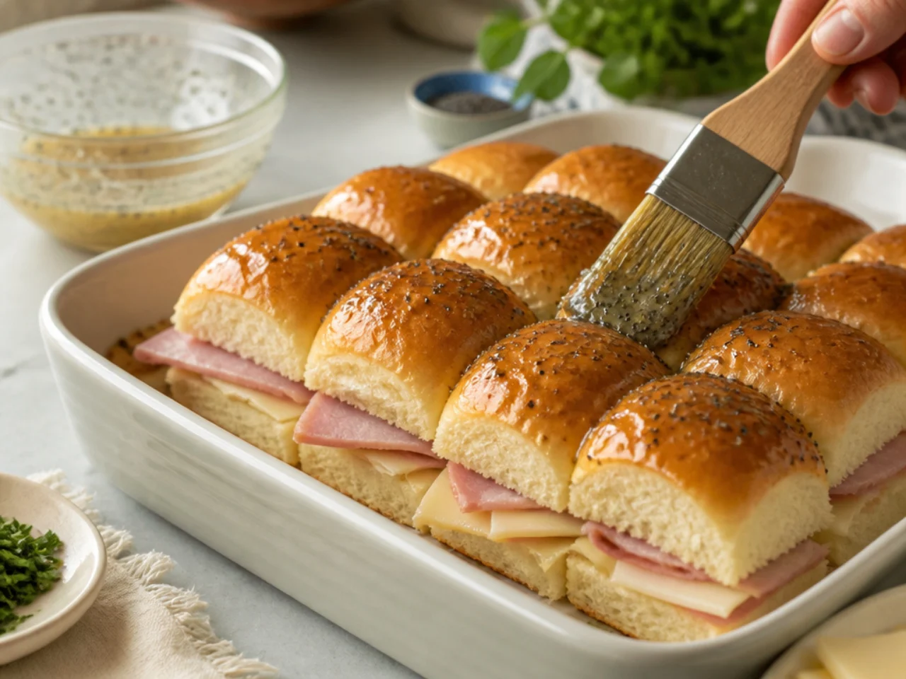 Step-by-step process shot for Hawaiian roll sliders