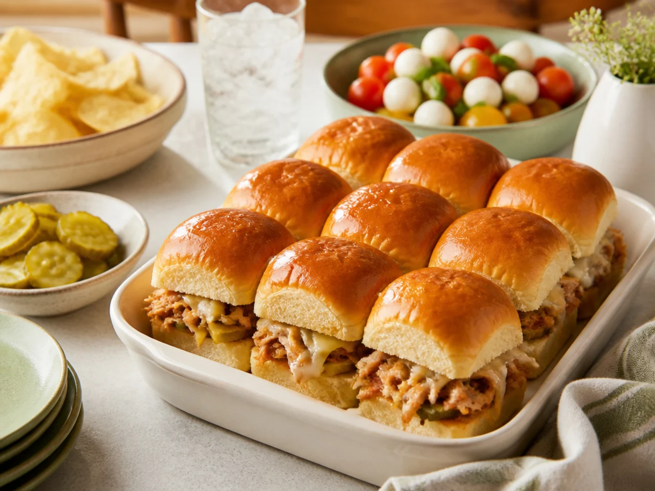 Hawaiian roll sliders served family-style on a cozy table