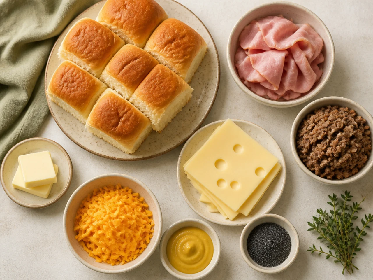 Fresh ingredients for Hawaiian roll sliders arranged in bowls