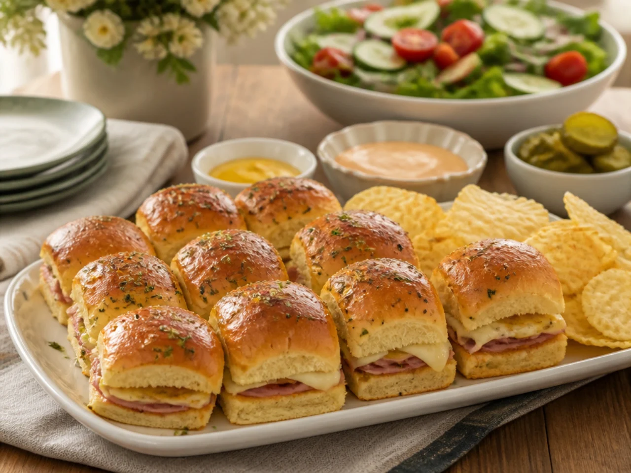 Hawaiian roll sliders served with potato chips, a crisp salad, pickles and dipping sauces