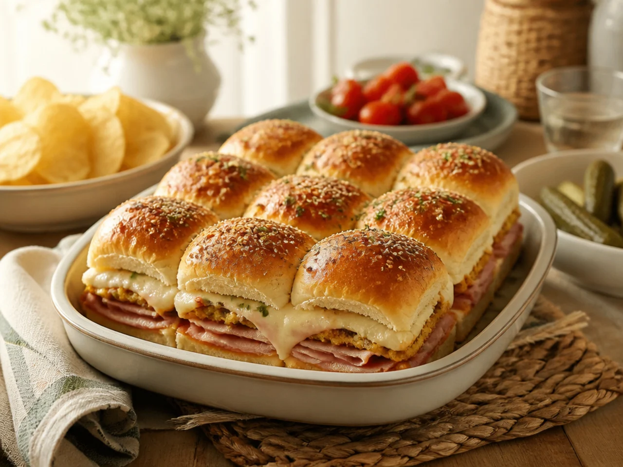 Hawaiian roll sliders served family-style on a cozy table