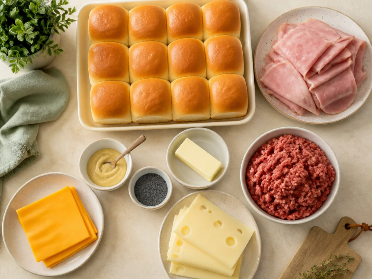 Fresh ingredients for Hawaiian roll sliders arranged in bowls